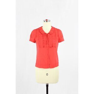 SEE BY CHLOE Coral Red Silk Georgette Ruffle Short Puff Sleeve Blouse, Size 2